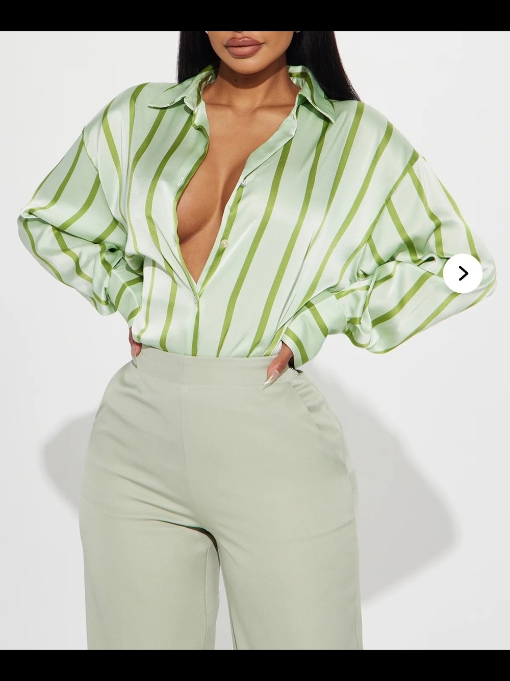 Fashion Nova Satin Stripe Button-Down Blouse in Light Green & Olive